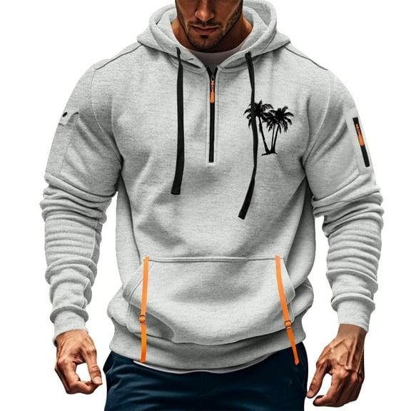 TMOYZQ Hoodies for Men Fall Winter Long Sleeve Quarter Zip Drawstring Hooded Sweatshirt Fashion Graphic Big and Tall Pullover Sweater with Mulit Pockets