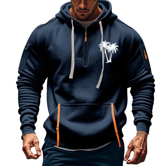 TMOYZQ Hoodies for Men Fall Winter Long Sleeve Quarter Zip Drawstring Hooded Sweatshirt Fashion Graphic Big and Tall Pullover Sweater with Mulit Pockets