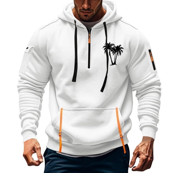 TMOYZQ Hoodies for Men Fall Winter Long Sleeve Quarter Zip Drawstring Hooded Sweatshirt Fashion Graphic Big and Tall Pullover Sweater with Mulit Pockets