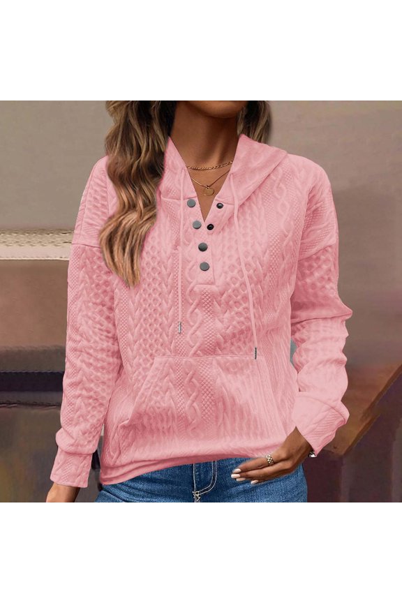 Hoodies for Women Plus Size Button V Neck Hoodies Boho Fashion Textured Hooded Sweatshirts Soild Pullover Hoodies