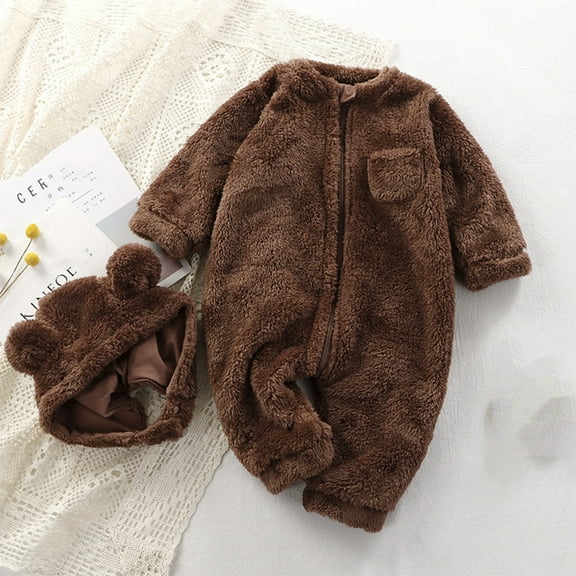 TMOYZQ Infant Newborn Baby Fleece Footie Snowsuit 2 Piece Long Sleeve Zipped Hooded Jumpsuit and Cartoon Bear Ear Outfits Winter Warm Onesie for Girls Boys