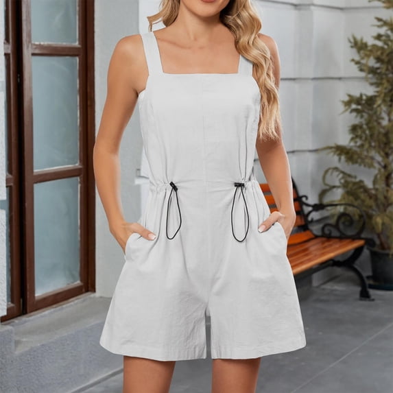 TMOYZQ Jumpsuits for Women Summer Casual Drawstring High Waist Short Overalls Adjustable Strap Loose Cute Short Bib Overalls Jumpsuit Rompers with Pocket