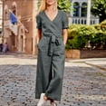 thumbnail image 1 of TMOYZQ Jumpsuits for Women Cotton Linen Short Sleeve Casual Romper Lightweight V-Neck Wrap Nursing Overalls, 1 of 6