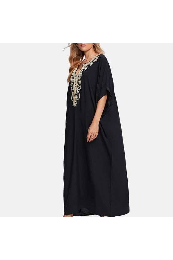 Kaftan Dresses for Women Embroidered Short Sleeve V-Neck Plus Size Caftans Bikini Swimsuit Cover-Up Long Beach Dress