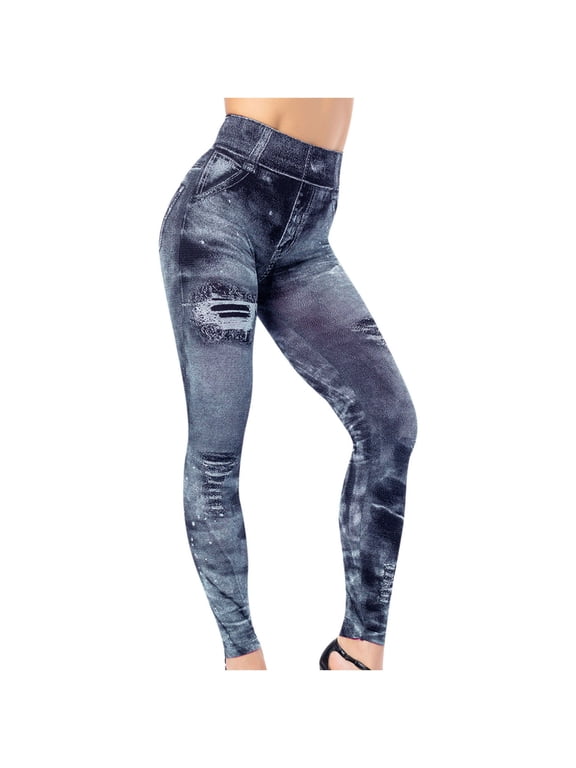 Leggings with Pockets for Women, High Waist Tummy Control Tights Stretchy Skinny Ripped Distressed Denim Leggings Compression Workout Yoga Pants