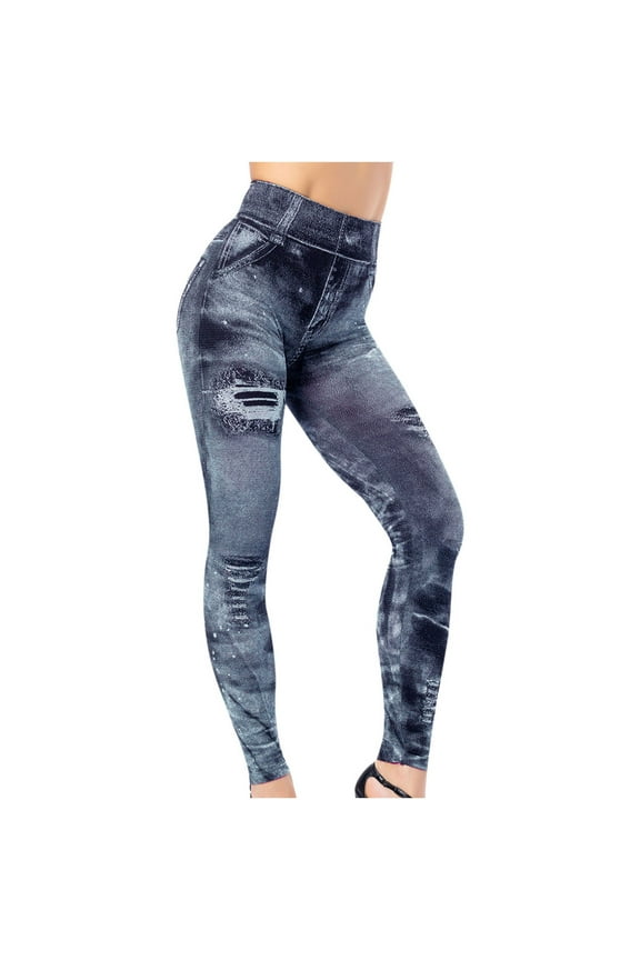 Leggings with Pockets for Women, High Waist Tummy Control Tights Stretchy Skinny Ripped Distressed Denim Leggings Compression Workout Yoga Pants