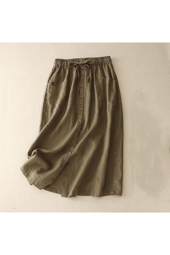 Linen Skirts for Women Summer A Line Flowy Casual Loose Drawstring High Waist Button Down Midi Skirts with Slit