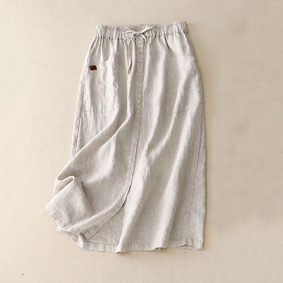 TMOYZQ Linen Skirts for Women Summer A Line Flowy Casual Loose Drawstring High Waist Button Down Midi Skirts with Slit