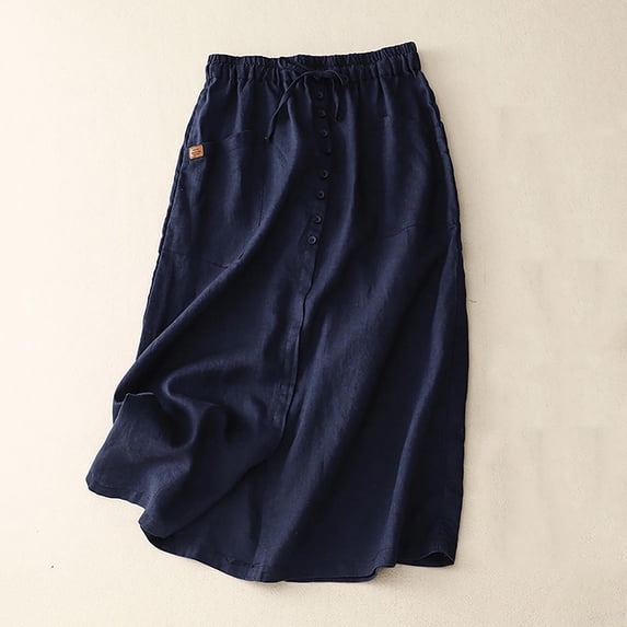 TMOYZQ Linen Skirts for Women Summer A Line Flowy Casual Loose Drawstring High Waist Button Down Midi Skirts with Slit