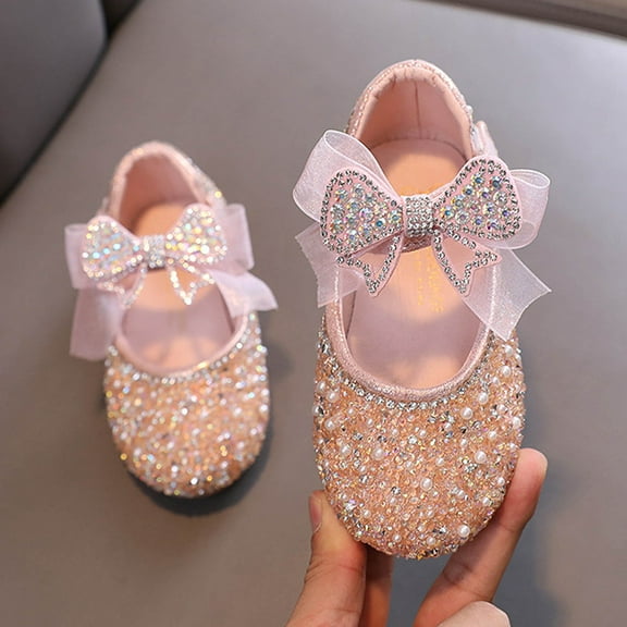 TMOYZQ Little Toddler Girls Dress Shoes Bow Ballet Flats Kids Mary Janes Sparkly Princess Crystal Shoes