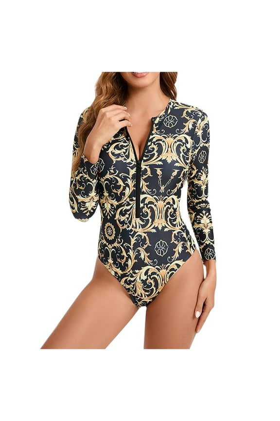 Long Sleeve Swimsuit for Women UPF 50+ One Piece Zip Floral Print Athletic Training Swim Wear Sun Protection Surfing Shirt Bathing Suits