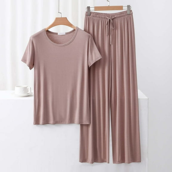 TMOYZQ Lounge Set for Women Travel Outfits 2 Piece Sets Short Sleeve Sweater Top Wide Leg Long Pants Loungewear