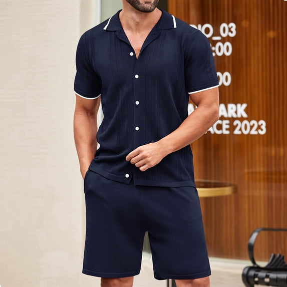 TMOYZQ Men's 2 Piece Outfits Summer Casual Knit Golf Button Down Shirt and Shorts Set Texture Beach Short Sleeve Tracksuit