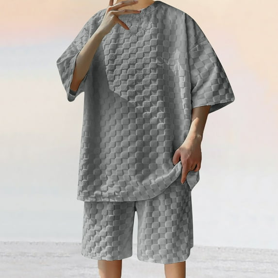 TMOYZQ Men's 2 Piece Outfits Textured Drop Shoulder Short Sleeve Tee Tops and Short Sets Summer Loungewear Sports 2025 Outfits Sets