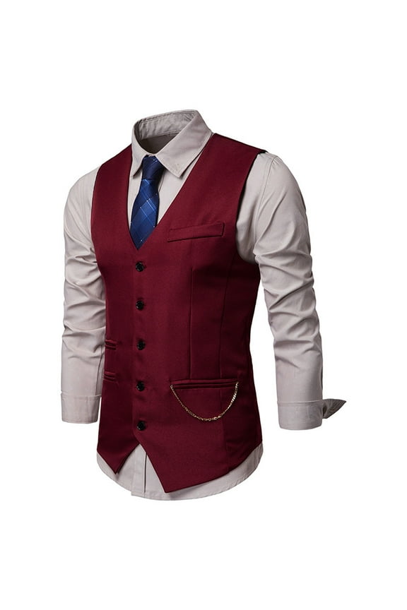 Men's Dress Suit Vest Formal Business Casual Slim V-neck Sleeveless Tuxedo Vests Waistcoat Jacket with Chain and Pockets for Wedding Party Prom