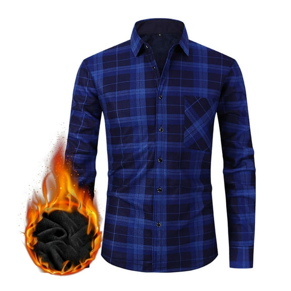 TMOYZQ Men's Fleece Lined Plaid Flannel Shirts, Fall Winter Long Sleeve Button Down Slim Thick Warm Plaid Cardigan Jacket Coats with Pocket on Clearance