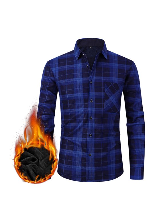 Men's Fleece Lined Plaid Flannel Shirts, Fall Winter Long Sleeve Button Down Slim Thick Warm Plaid Cardigan Jacket Coats with Pocket on Clearance