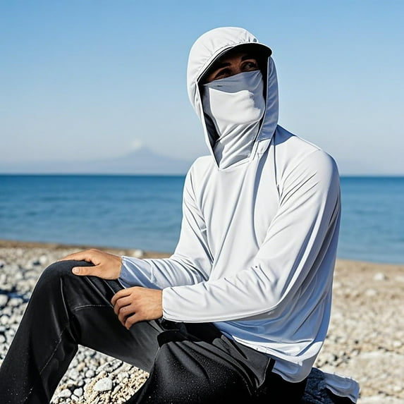 Cxenplz Men's Hooded Sun Shirts with Mask Quick Dry Fishing Shirts Long Sleeve UPF 50 Sun Guards Cooling Hoodies Hiking Shirts with Pocket