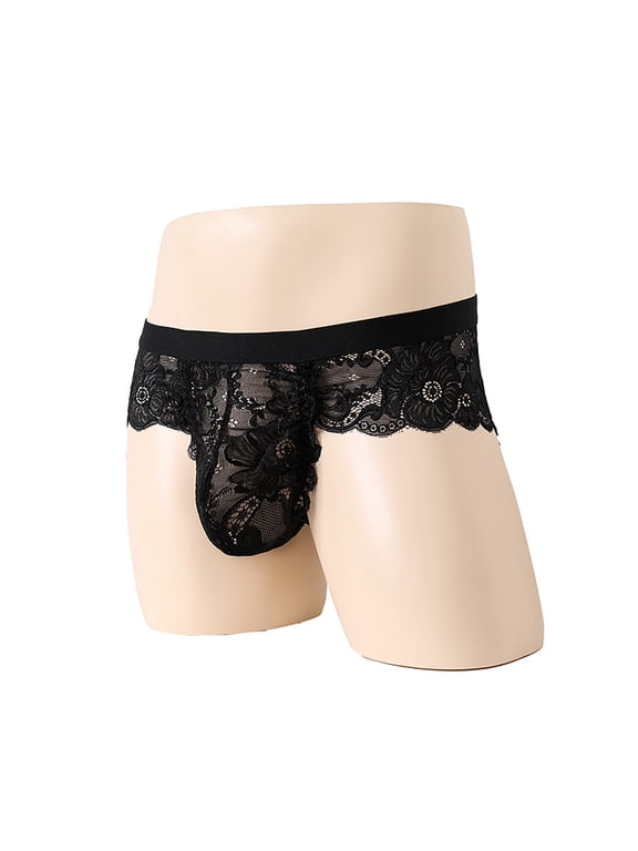 Men's Lace Frilly Thong Panties Sheer Mesh Bikini Briefs T-back G-string Underwear Low Rise Valentine's Day Thong Panties on Clearance