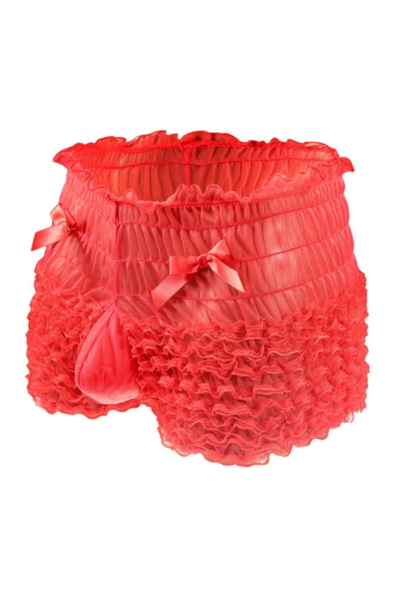 Men's Lace Ruffled Mini Boxer Briefs Underwear Breathable Seamless Panties See Through Underpants Bulge Pouch Trunks Boyshorts