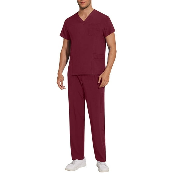 TMOYZQ Men's Scrub Set Workwear Stretch V-Neck Scrub Joggers Set Summer Short Sleeve Scrubs Top and Pants