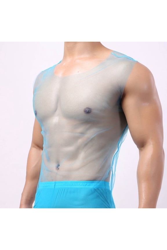 Men's Sheer Mesh Undershirts Lingerie See-Through Sleeveless Tank Top Vest Crew Neck Workout Fitness Gym Muscle Shirt Party Clubwear