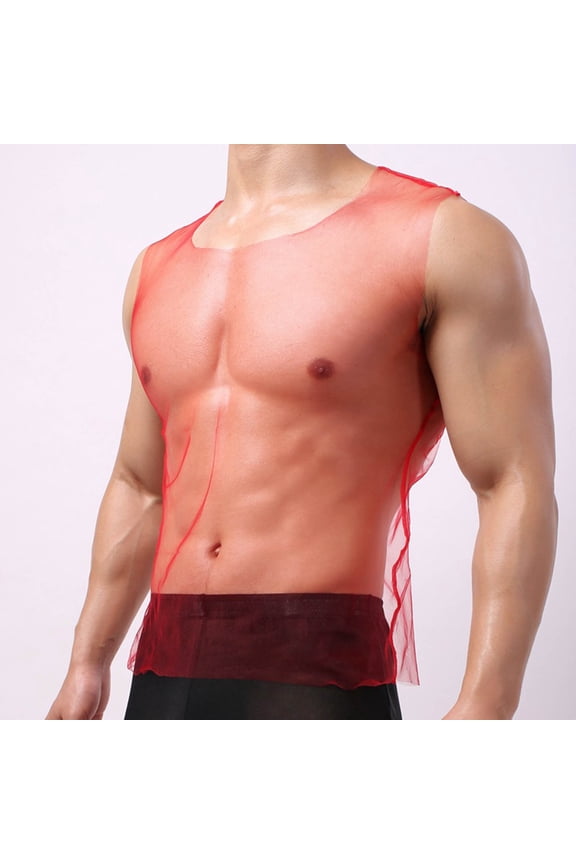 Men's Sheer Mesh Undershirts Lingerie See-Through Sleeveless Tank Top Vest Crew Neck Workout Fitness Gym Muscle Shirt Party Clubwear