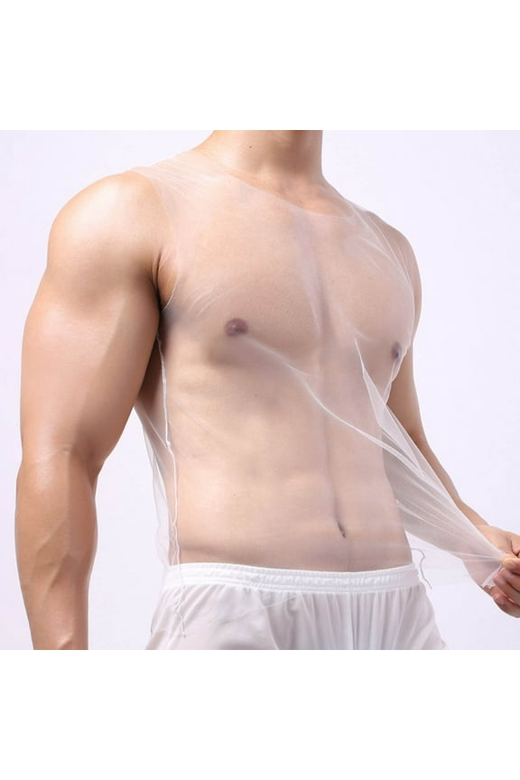 Men's Sheer Mesh Undershirts Lingerie See-Through Sleeveless Tank Top Vest Crew Neck Workout Fitness Gym Muscle Shirt Party Clubwear