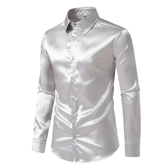TMOYZQ Men's Silk Satin Luxury Dress Shirt Casual Dance Party Long Sleeve Button Down Collared Slim Shiny Shirt Wrinkle Free Tuxedo Shirts Halloween Christmas Prom Costume