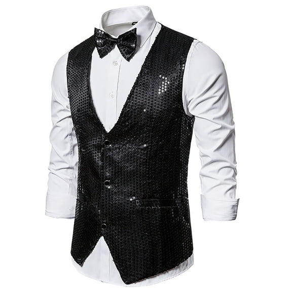 Clearance Clothes Pitauce Sequin Vest for Men Solid Color Fashion Sparkly Button Down Vest Party Nightclub Suit Vest Slim Fit Waistcoat with Bow Tie on Clearance