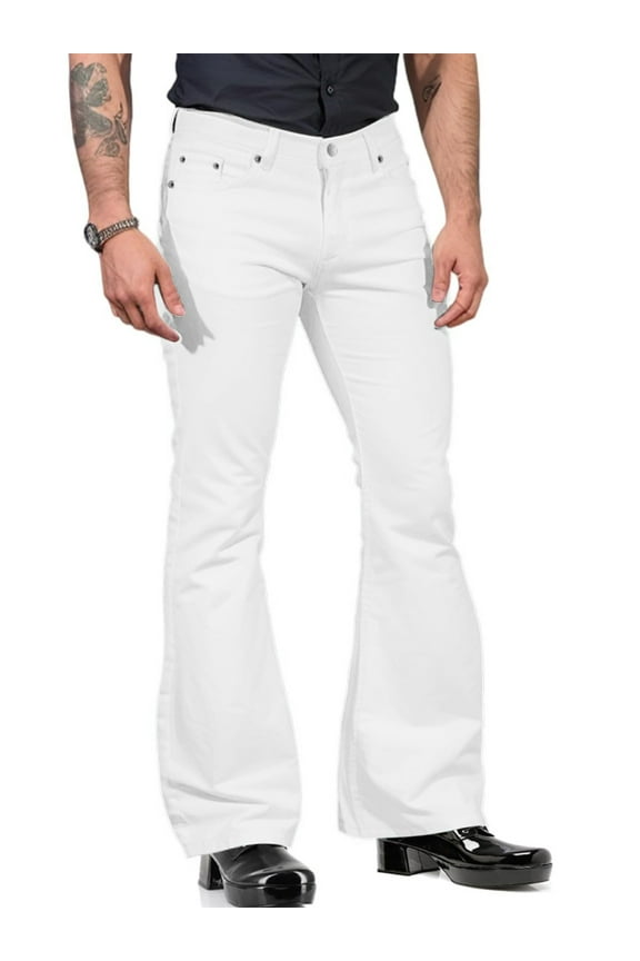 Men's Vintage 60s 70s Style Bell Bottom Stretch Fit Classic Comfort Flared Flares Retro Leg Denim Pants Jeans Streetwear Trousers with Pockets