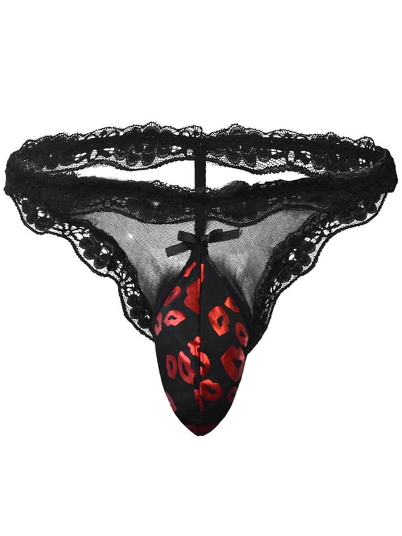 Mens Floral Lace Thongs Low Rise T-Back G-String Thong Underwear Bulge Pouch Stretch Breathable Panties Bikini Briefs Underpants Lingerie