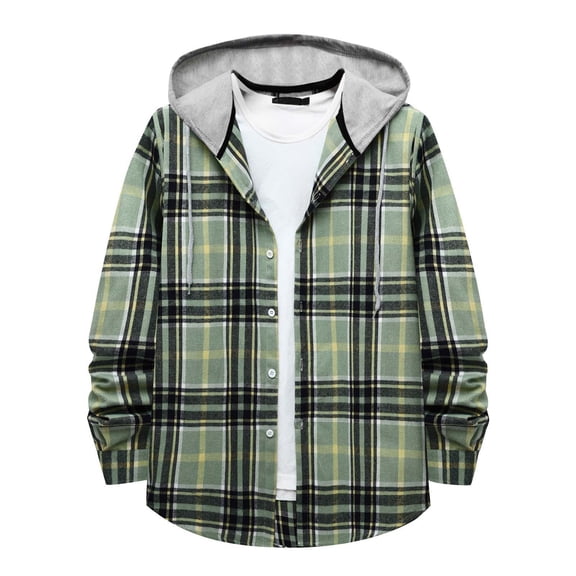 TMOYZQ Mens Hooded Flannel Shirt Jackets Long Sleeve Plaid Shirt Hoodie Lightweight Casual Button Down Drawstring Shirt Fall Fashion 2023