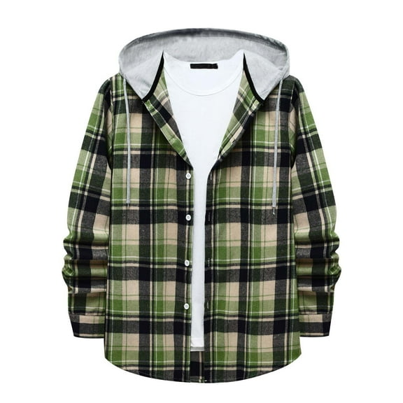TMOYZQ Mens Hooded Flannel Shirt Jackets Long Sleeve Plaid Shirt Hoodie Lightweight Casual Button Down Drawstring Shirt Fall Fashion 2024