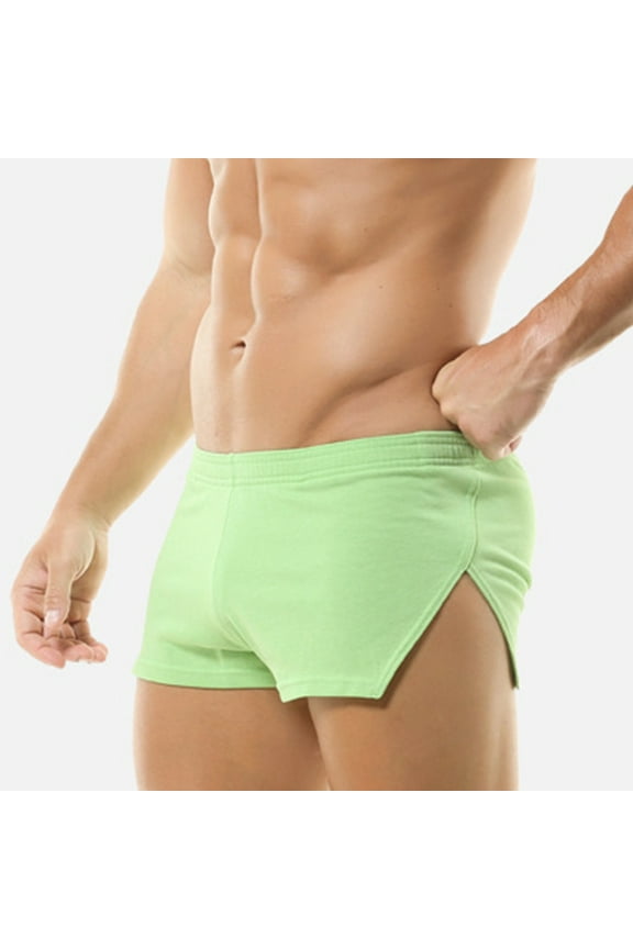 Mens Low Rise Side Split Booty Shorts Built-in Bulge Pouch Breathable Cotton Boxer Briefs Pajama Sleep Bottoms Underwear Athletic Supporters Active Shorts Lounge Shorts