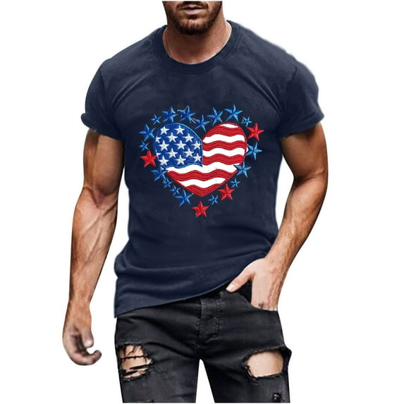 Cxenplz Mens Tops Summer Casual Cotton Shirts Heart USA Flag 4th of July Patriotic Tshirt Graphic Short Sleeve Tops
