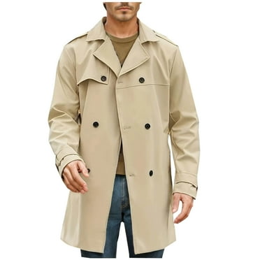 TMOYZQ Mens Trench Coat Notched Lapel Double Breasted Long Jacket Slim Fit Long Sleeve Winter Windbreaker Casual Solid Color Belt Overcoat for Men