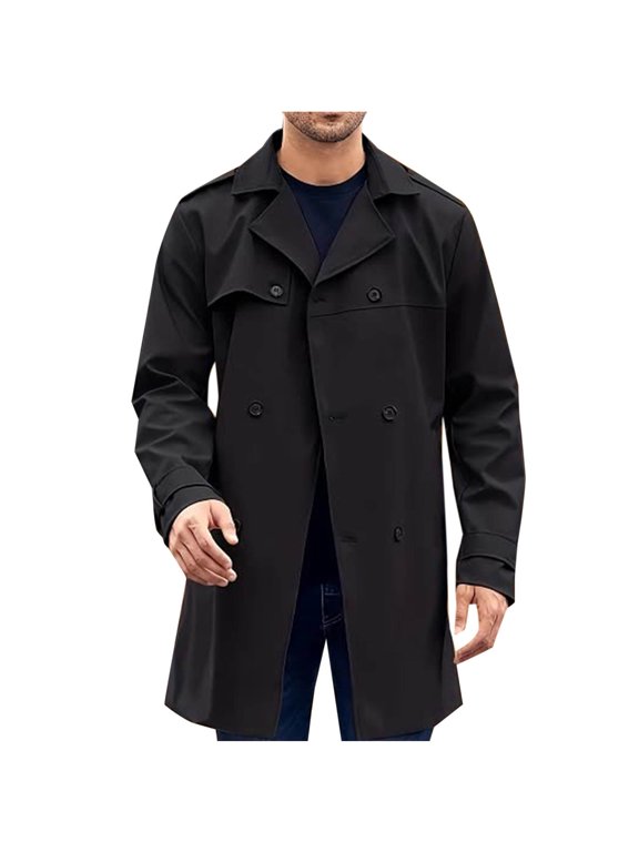 Mens Trench Coat Notched Lapel Double Breasted Long Jacket Slim Fit Long Sleeve Winter Windbreaker Casual Solid Color Belt Overcoat for Men