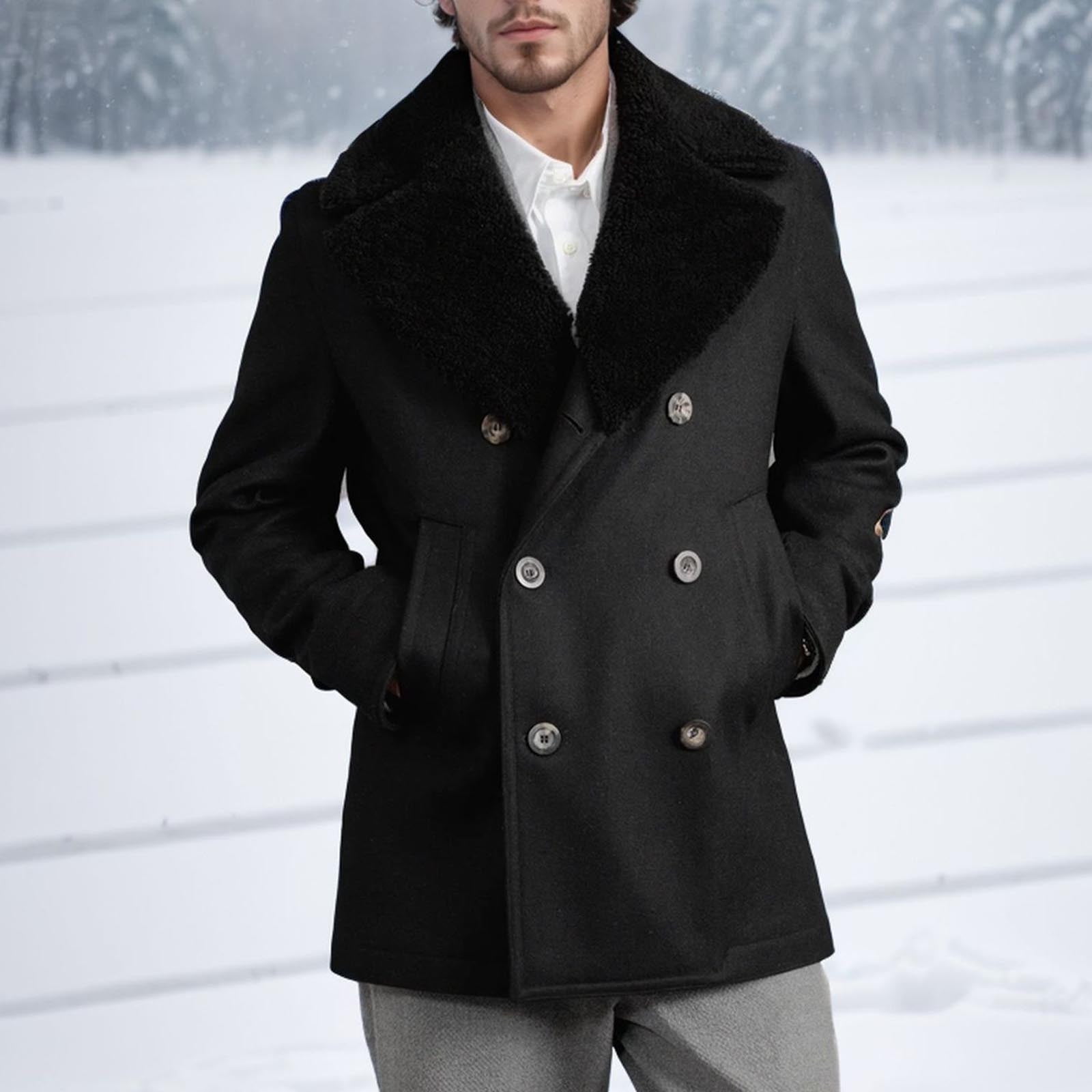 TMOYZQ Mens Trench Coat Removable Faux Fur Collar Pea Coat Fashion