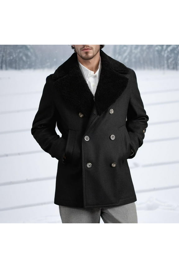 Mens Trench Coat Removable Faux Fur Collar Pea Coat Fashion Wool Blend Double Breasted Winter Business Windbreaker on Clearance