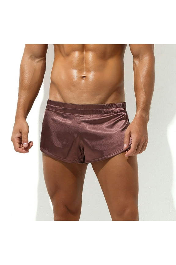 Mens Underwear, Satin Boxer Shorts with Large Split Sides, Elastic Mid Waist Sleep Shorts Satin Pajamas Short Bottoms Panties Casual Lounge Athletic Shorts