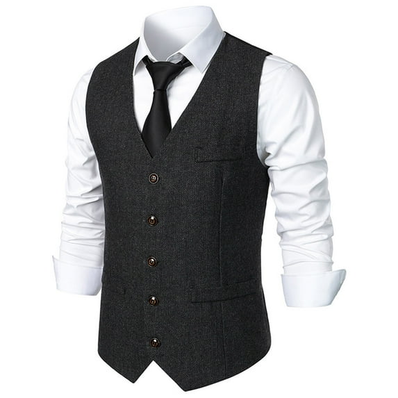 TMOYZQ Mens Vintage Herringbone Wool Tweed Suit Vest Business Casual V-Neck Sleeveless Slim Dress Waistcoat Tuxedo Vests with Pockets for Wedding Formal Prom