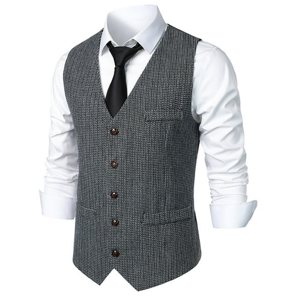 TMOYZQ Mens Vintage Herringbone Wool Tweed Suit Vest Business Casual V-Neck Sleeveless Slim Dress Waistcoat Tuxedo Vests with Pockets for Wedding Formal Prom