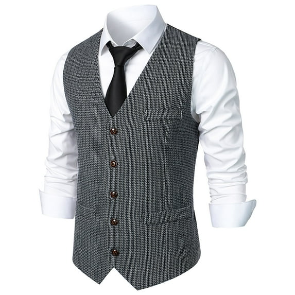 TMOYZQ Mens Vintage Herringbone Wool Tweed Suit Vest Business Casual V-Neck Sleeveless Slim Dress Waistcoat Tuxedo Vests with Pockets for Wedding Formal Prom