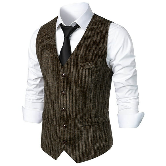 TMOYZQ Mens Vintage Herringbone Wool Tweed Suit Vest Business Casual V-Neck Sleeveless Slim Dress Waistcoat Tuxedo Vests with Pockets for Wedding Formal Prom