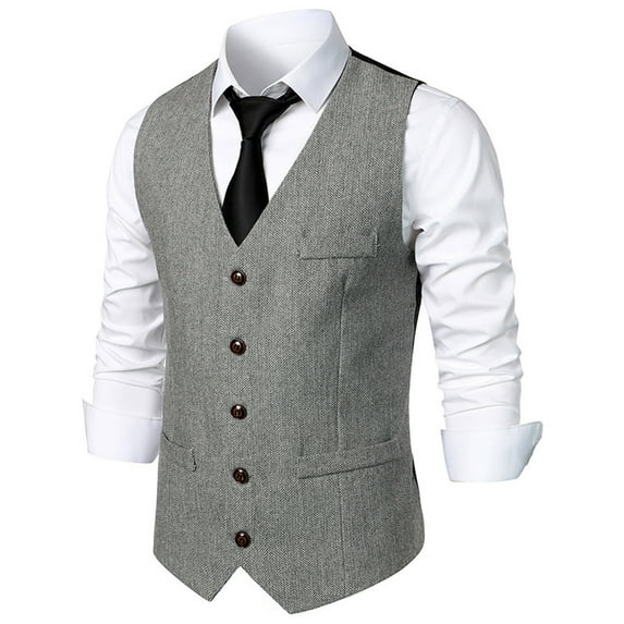 TMOYZQ Mens Vintage Herringbone Wool Tweed Suit Vest Business Casual V-Neck Sleeveless Slim Dress Waistcoat Tuxedo Vests with Pockets for Wedding Formal Prom