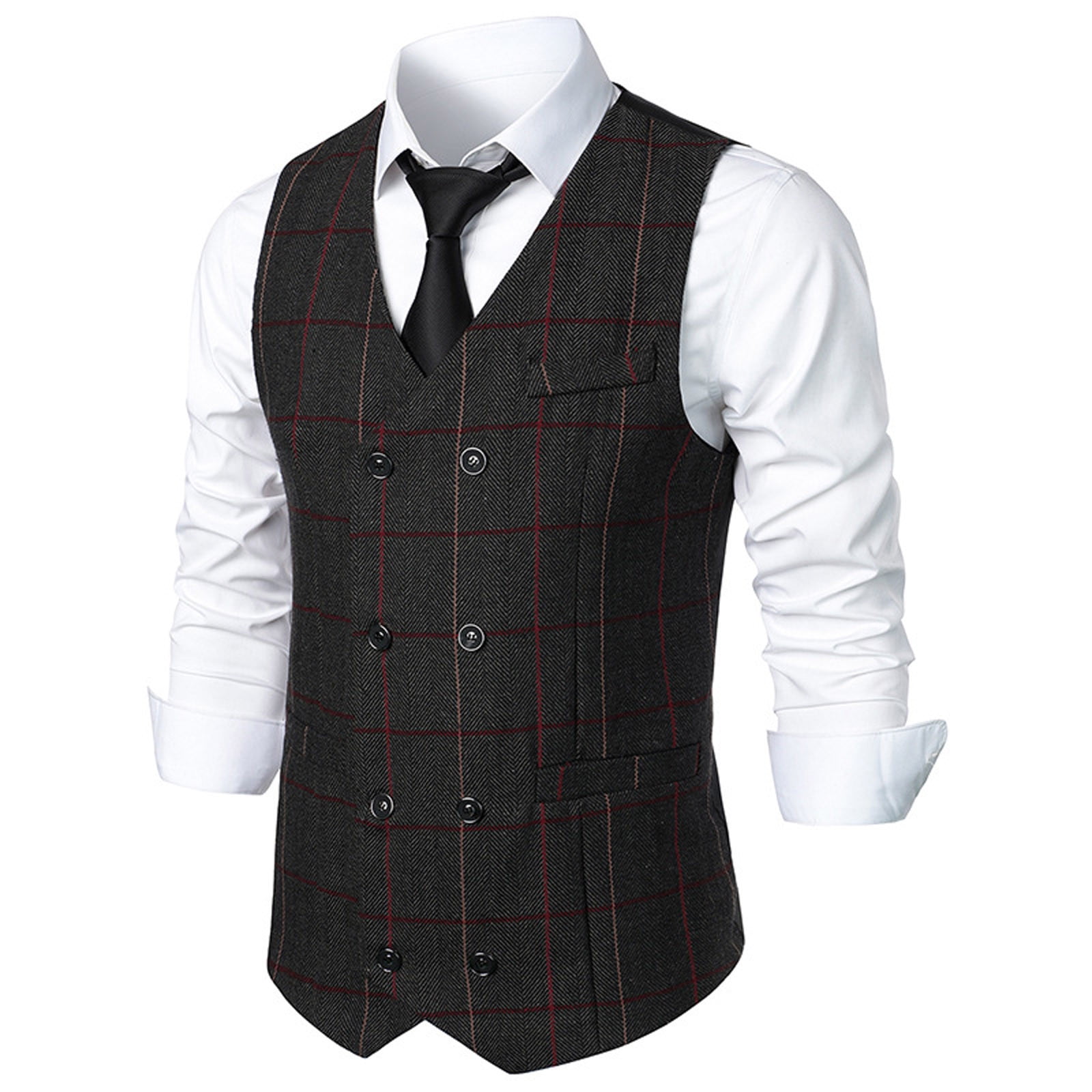 TMOYZQ Mens Vintage Plaid Herringbone Wool Tweed Suit Vest Business