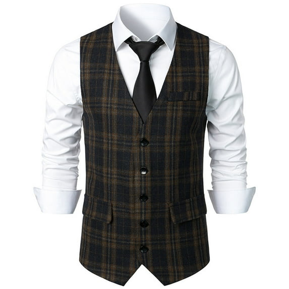TMOYZQ Mens Vintage Plaid Wool Tweed Suit Vest Business Casual V-Neck Sleeveless Slim Dress Waistcoat Tuxedo Vests with Pockets for Wedding Formal Prom