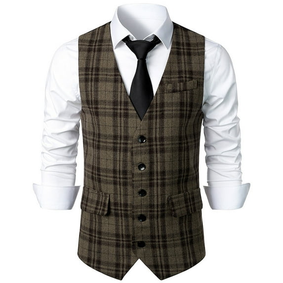 TMOYZQ Mens Vintage Plaid Wool Tweed Suit Vest Business Casual V-Neck Sleeveless Slim Dress Waistcoat Tuxedo Vests with Pockets for Wedding Formal Prom