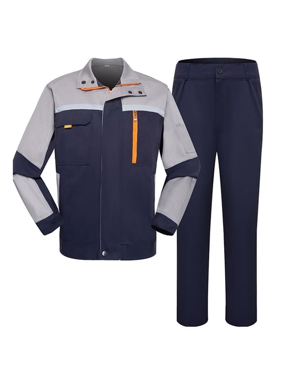 Mens Work Utility Sets 2 Piece Long Sleeve Reflective Workwear Mechanic Suit Windproof Waterproof High Visibility Coats and Pants